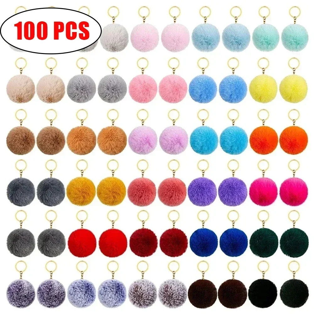 100 Pcs Pom Pom Fluffy Keyrings Soft Plush Charm Keyring Colorful Faux Fur Fluffy Keychain Ball for Women and Girls Gift