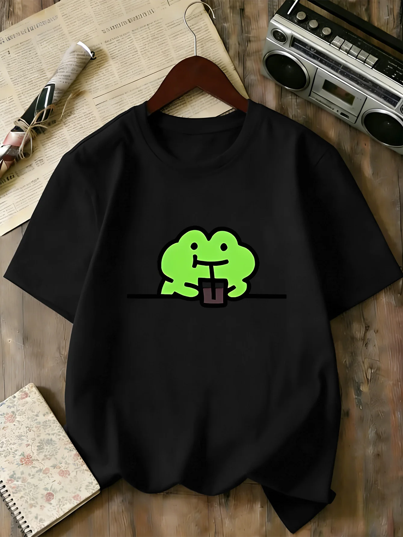 Kids Family Matching T Shirt Cute Green Frog Drinking Drink Print Short Sleeve Cotton Tops For Boys Girls Daily Casual Outfit