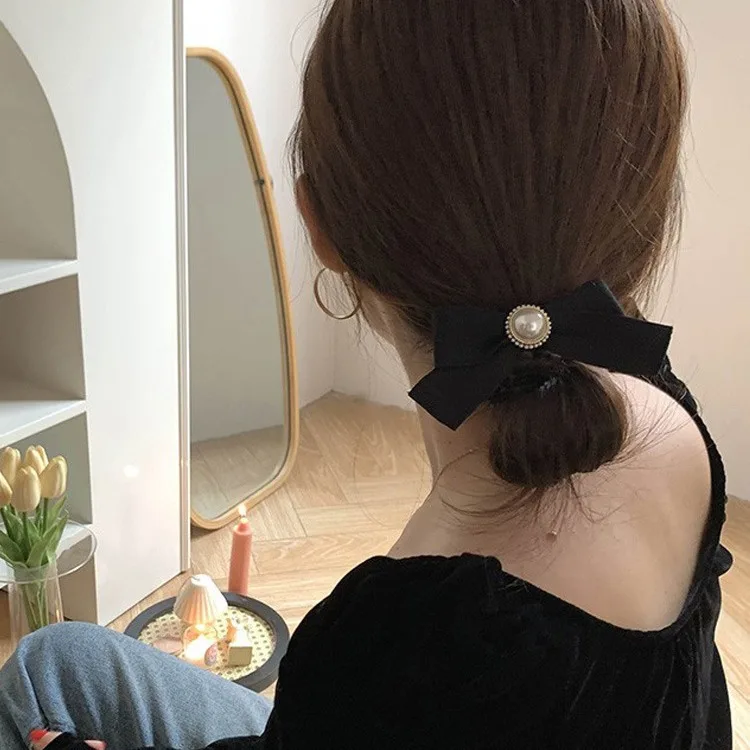 Pearl Bow Hair Ties Black Velvet Scrunchie Korean Ins Style High Elastic Ponytail Holder for Women Daily High Usage