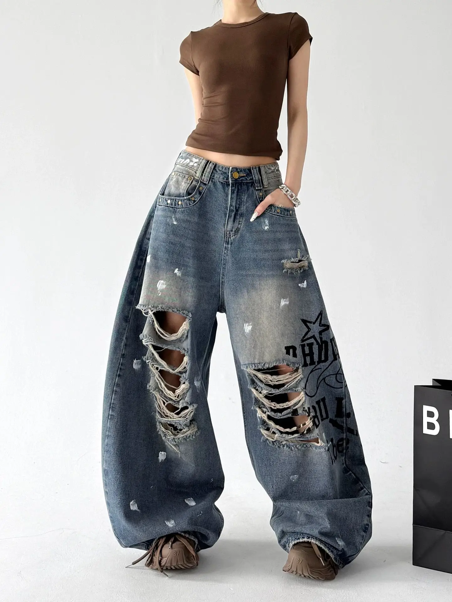Y2K Spring Jeans Blue Ripped Letter Print Personalized Floor Length Casual Pants for Women