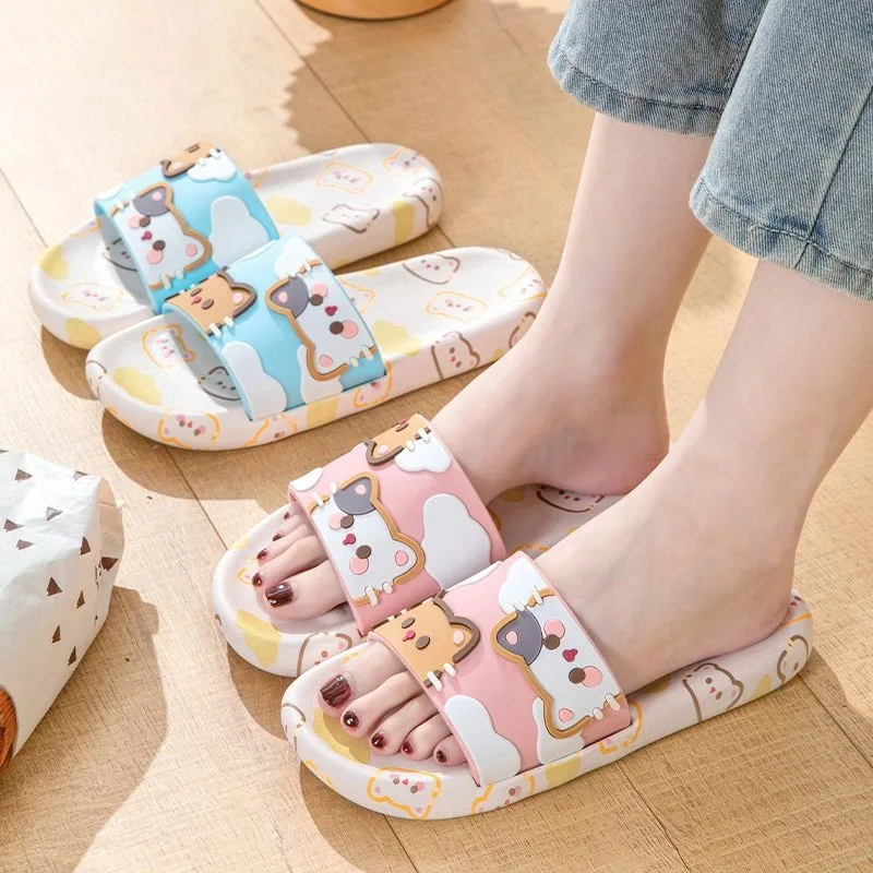 

Cute Cartoon Cat Slippers For Women Summer Non-Slip Open Toe Slides Soft Sole Indoor Bathroom Couple Sandals