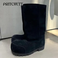 Black Suede Big Toe Boots Round Toe Square Root Personality Knee-High Boots Casual Large Size Trendy Fashion Men's Boots