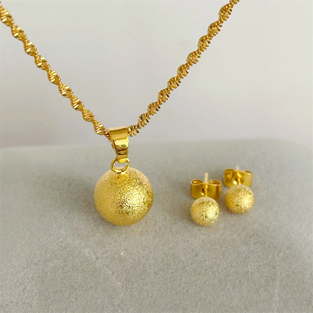 Gold Color Jewelry Sets for Women Big Buddha Bead Pendant Necklace Stud Earring 2pcs Set Trendy Jewellery Accessories Bijoux