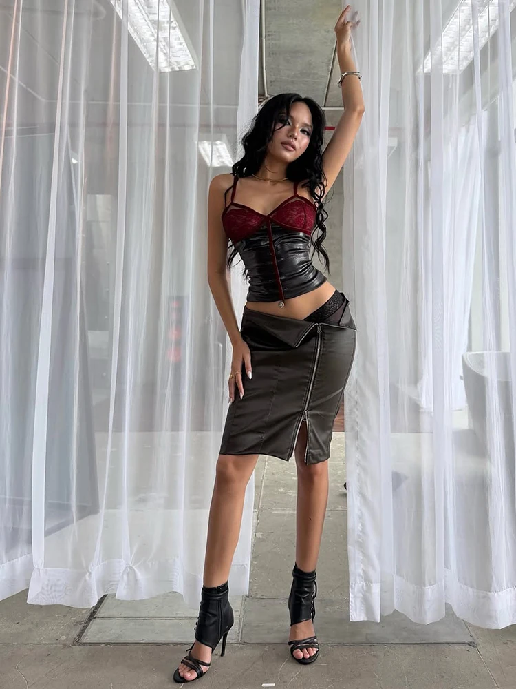 Sisterlinda Sexy 2 Piece Set Women Hottie Jacquard Patchwork Low-Neck Tank Top+Zip Leather Skirts Midnight Street Club Suits