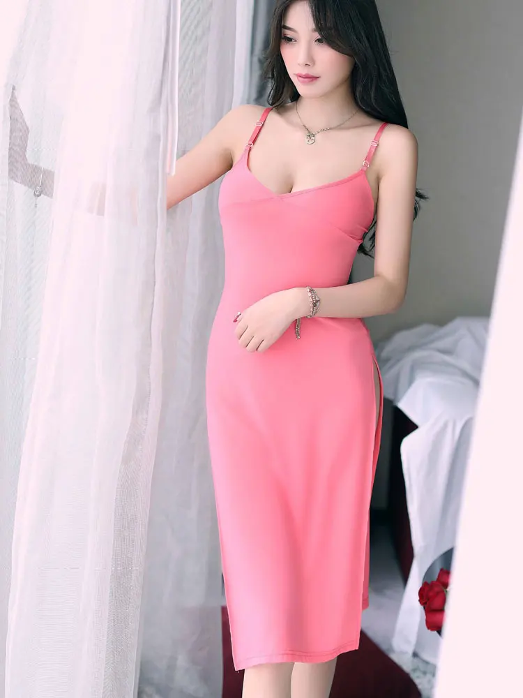 Sexy Allure Summer Dresses Woman Spaghetti Strap Sheer Shiny Smooth Deep V Neck Elegant Dresses With High Slit Night Club Outfit