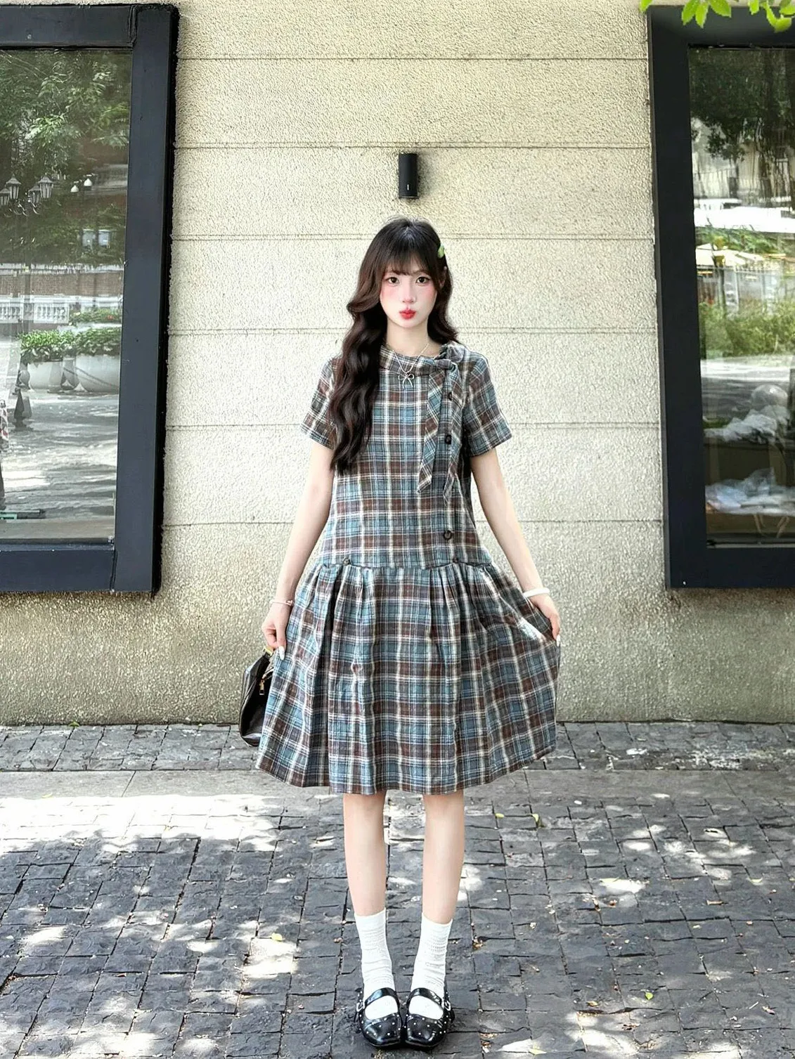 

Retro Japanese Blue Brown Plaid Short Sleeve Dress Women Summer Asymmetric Design A-Line Midi Skirt Loose Waist Polyester Fabric