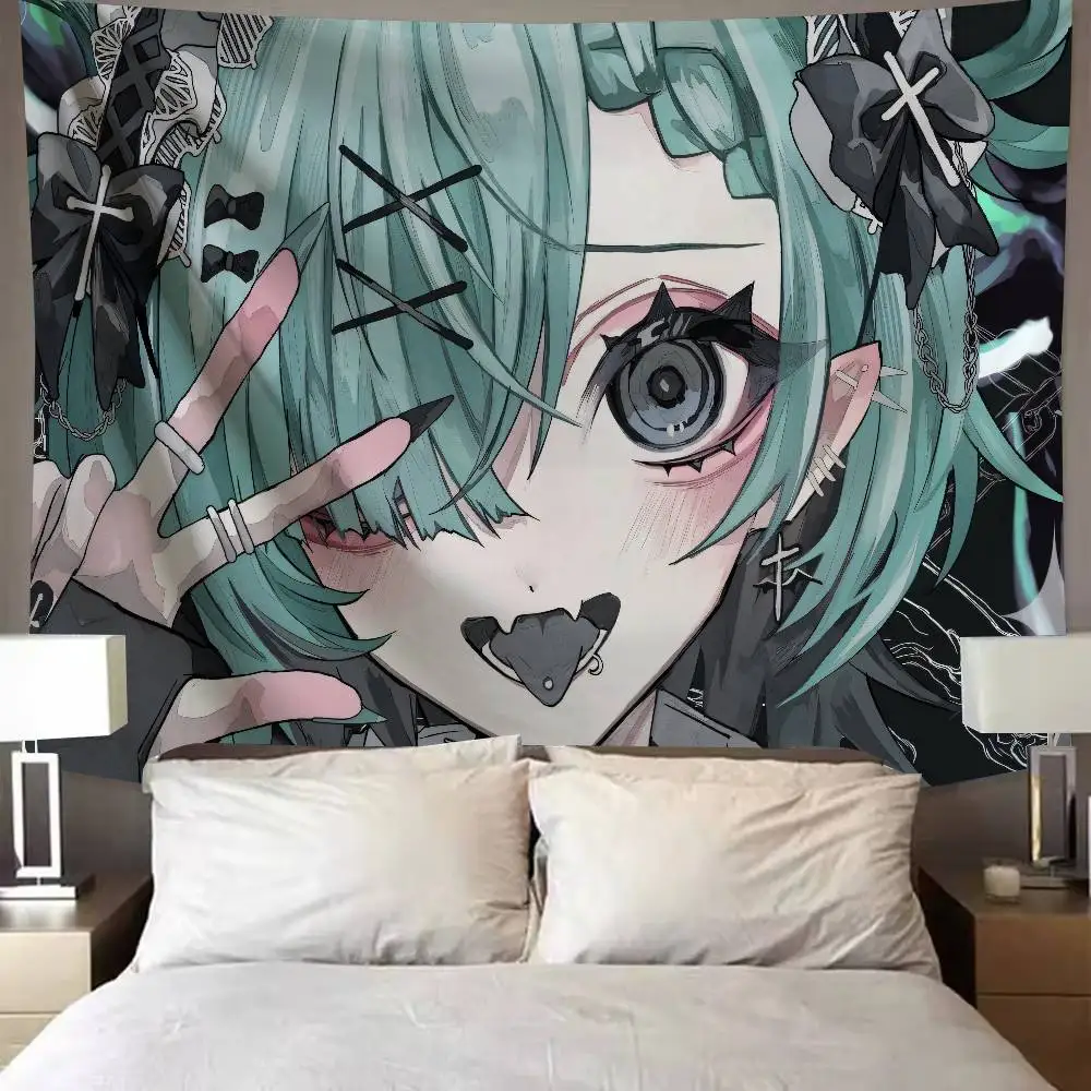 Y2K Gothic Anime Girl Tapestry Dark Harajuku Aesthetic Wall Hanging Edgy Pastel Green Hair Girl Art Bedroom Dorm Room Wall Decor