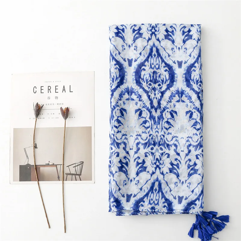National Style Clothing Paired with Cotton and Linen Textured Scarves, Blue and White Porcelain, Blue Retro Floral Bali Silk