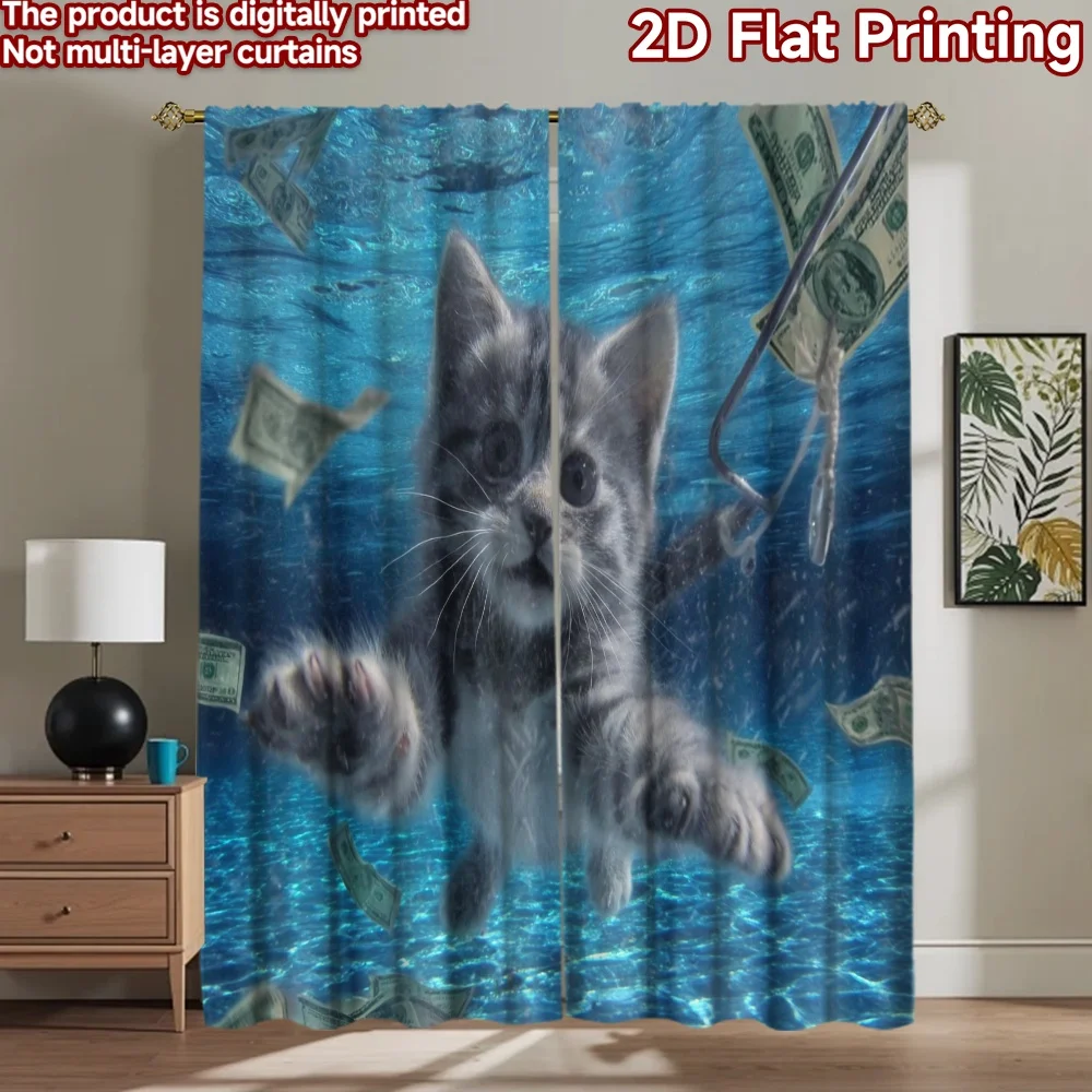 

2D flat printing 2pcs Window Curtains Cat Money Underwater Fishing Digital Printed Polyester Drapes Seasonal Party & Holiday
