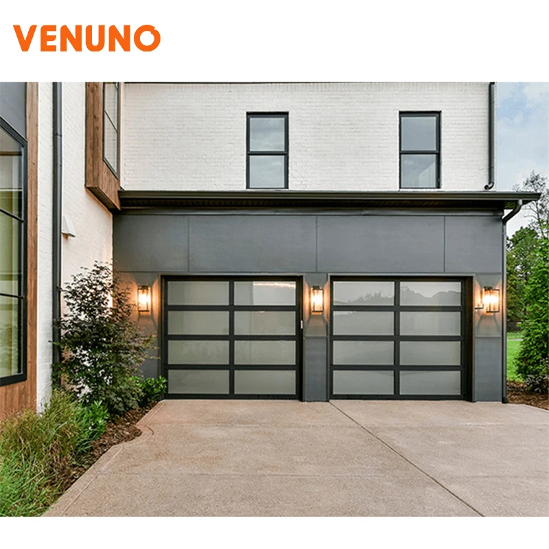 Custom Cheap High Quality Glass Garage Door For Residential With Automatic Remote Control Opener Aluminum Sectional Black Color