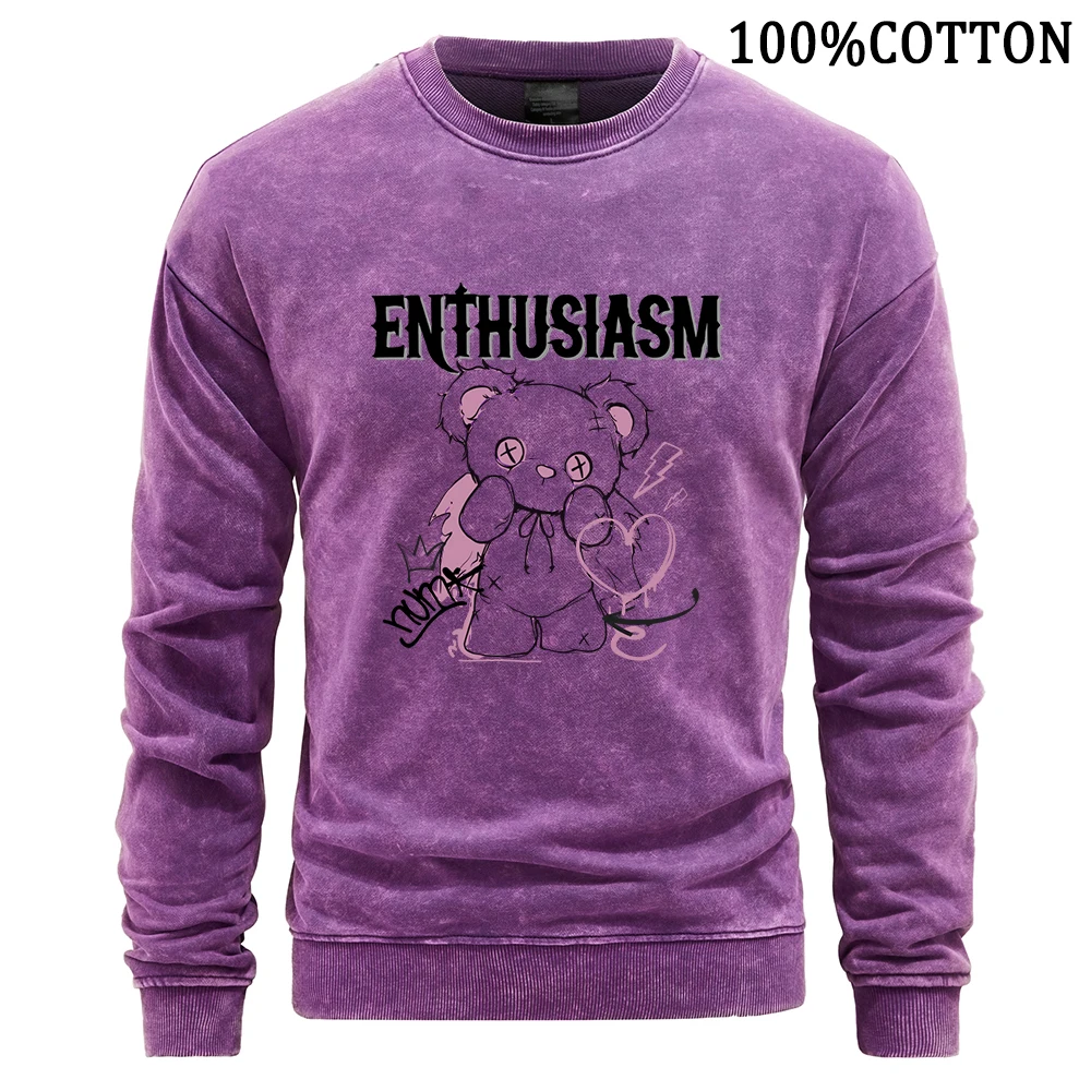 Enthusiasm Pink Bear Men Sweatshirt Retro Washed Hoodie High Quality Cotton Hoodies Flexible Comfort Sweatshirts Autumn Tops