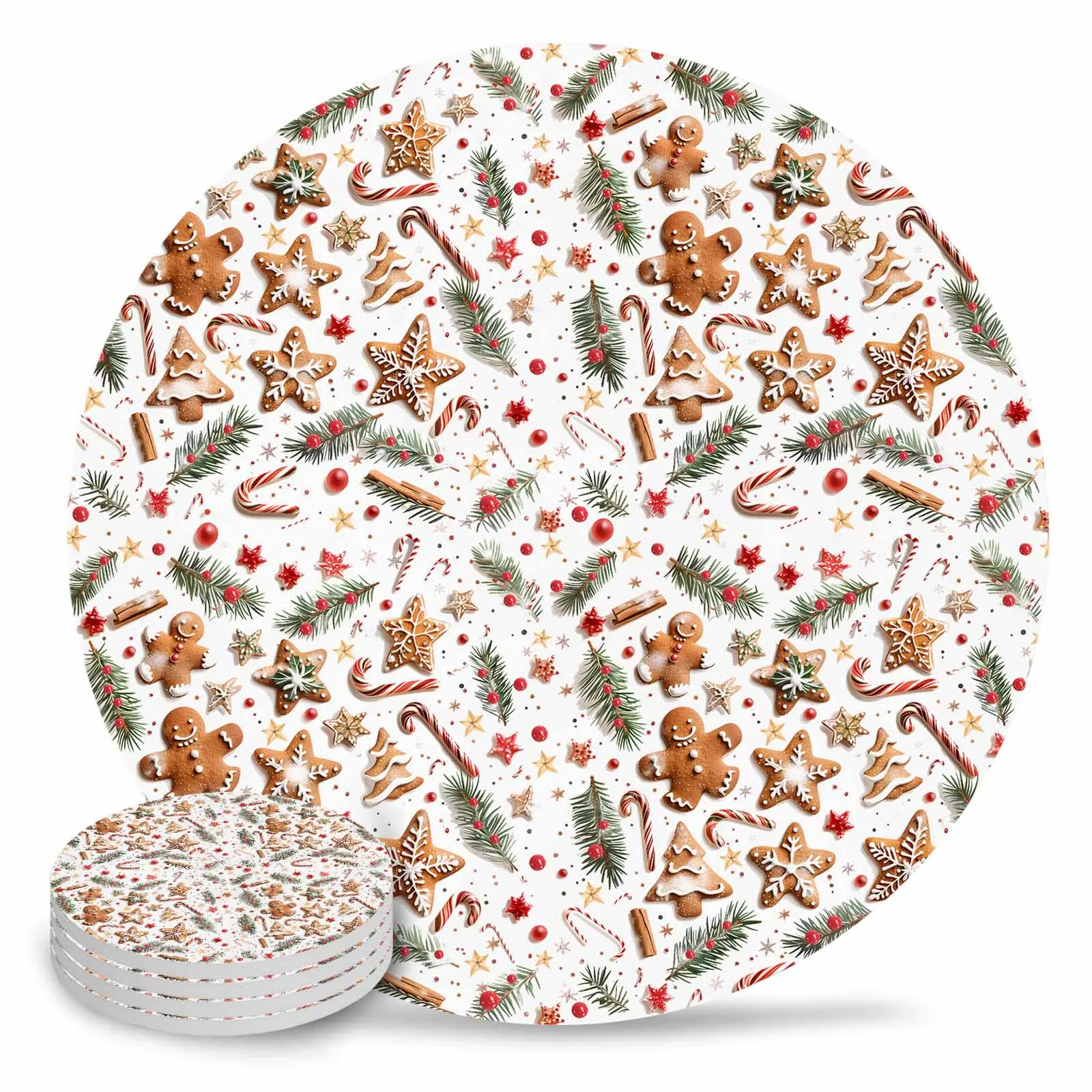 Christmas Berries Pine Needles Stars Ceramic Coaster Set Kitchen Table Round Placemat Luxury Decor Coffee Tea Cup Coasters