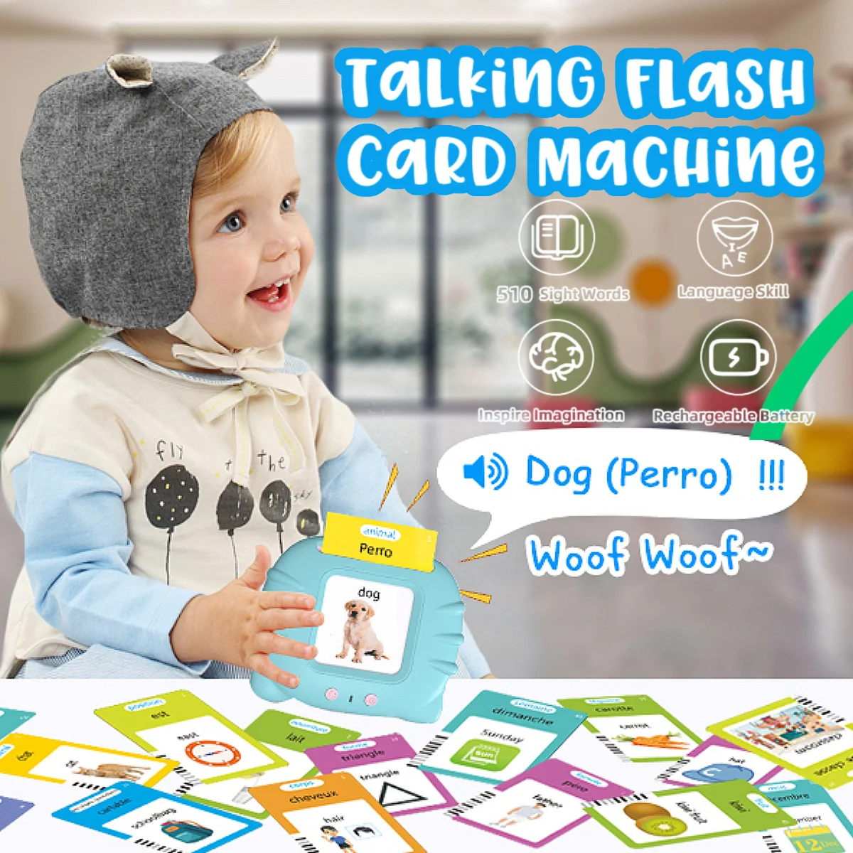 Karty edukacyjne dwujęzyczne hiszpańsko-angielskie dla dzieci w wieku 2-6 lat, zabawki terapeutyczne mowy, zabawki dla autystyków, 510 słów (Nowe ABC, KOLOR, Kształt), prezent