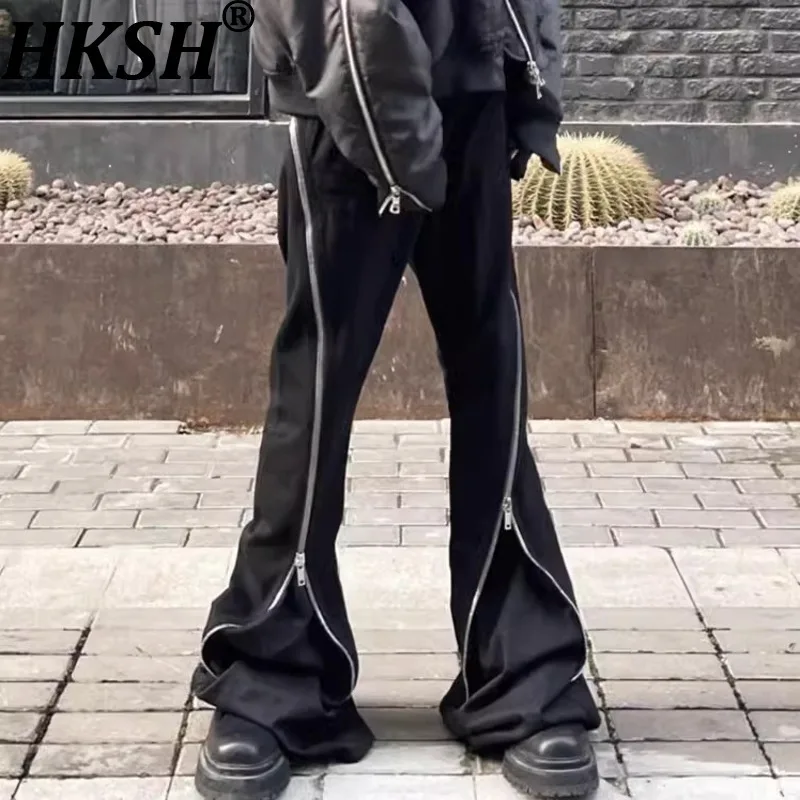 

HKSH Spring Autumn New Man Tide Dark Zippers Loose Casual Straight Flared Stacking Slim Denim Pants Trend Chic Ins Jeans HK10851
