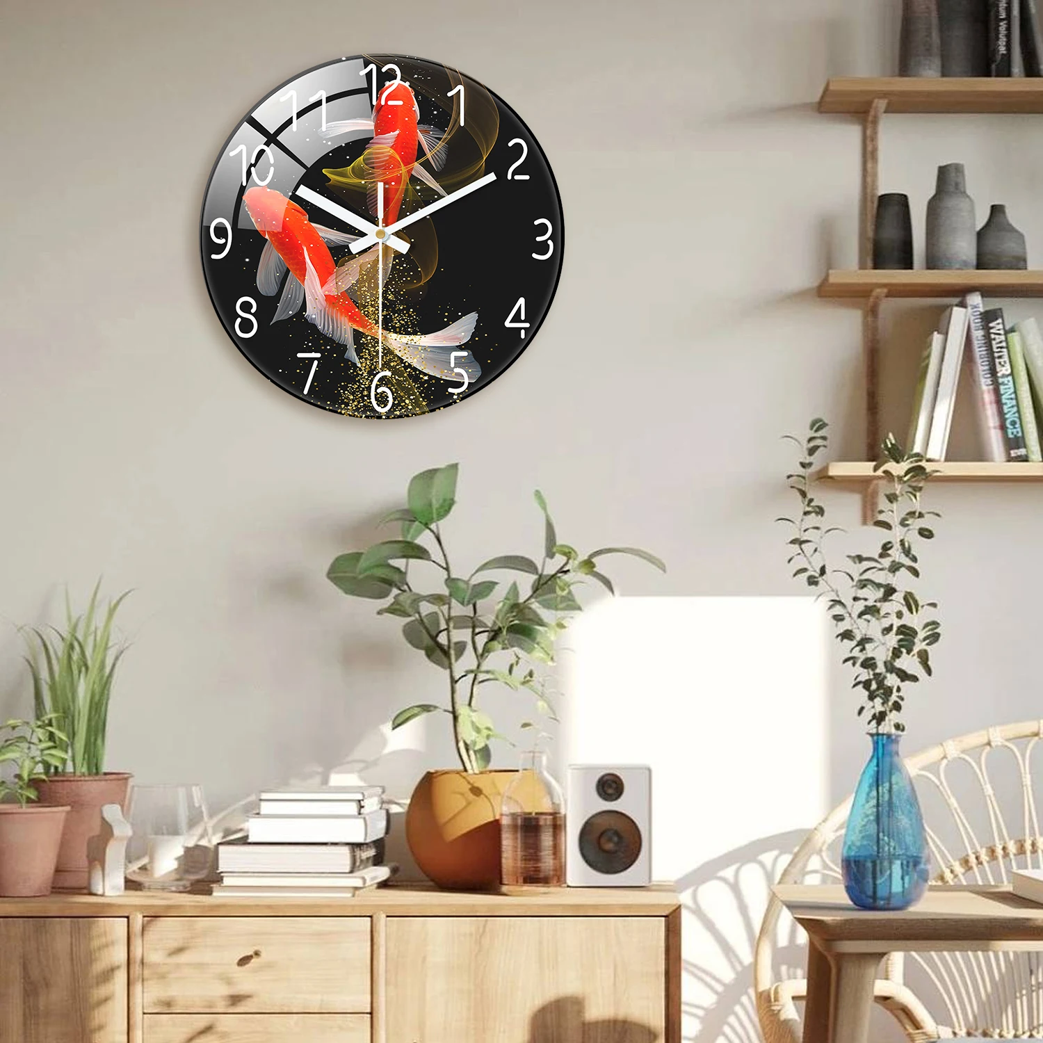 1pc 12-inch tempered glass wall clock, red koi swimming pattern design wall clock, silent clock, suitable for home decoration