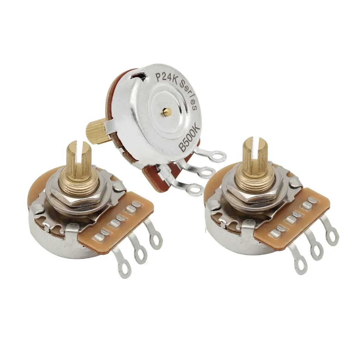 

3PCS Two А500k One В500k Short Shaft 24-Tooth Guitar Potentiometers Brass 3/8" Threaded Shaft Pots