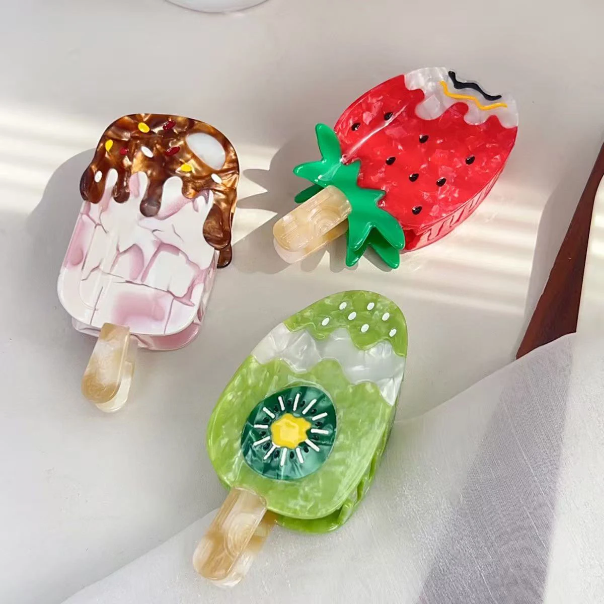 1pc New Summer Acetate Hairpin Fun Cartoon Strawberry Chocolate Ice Cream Shark Clip Girl's Back Hair Headpiece