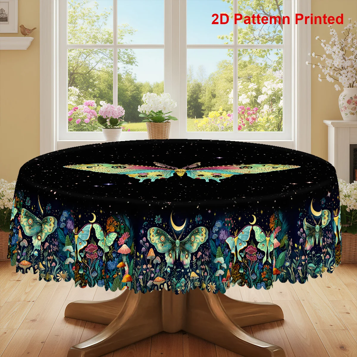 1 piece, moth-themed party tablecloth, with abstract moon, star, mushroom and flower print designzyc
