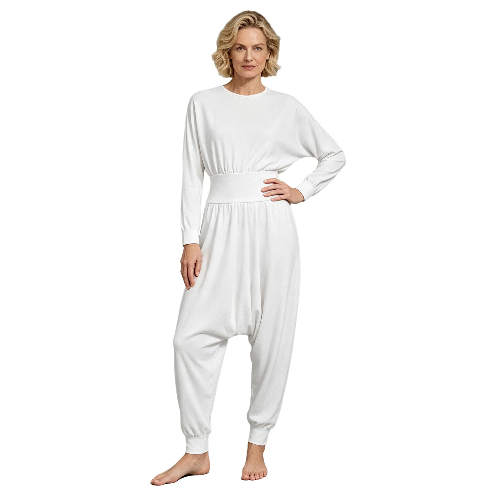 Women's Adaptive Baggy Special Needs Jumpsuit Round Neck Long Sleeve Back Zipper Elastic Waist Bodysuit for Casual Daily Life