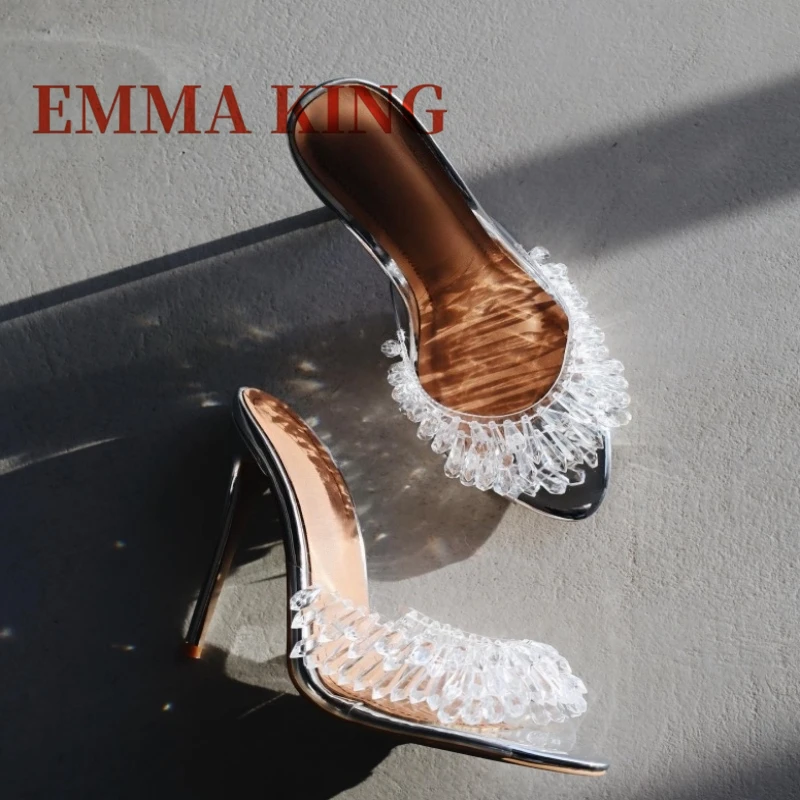 Clear PVC Open Toe Mules Women Sparkling Silver Mirrored High Heels Elegant Shoes Ladies Beaded Decor Solid Slippers Big Size 46