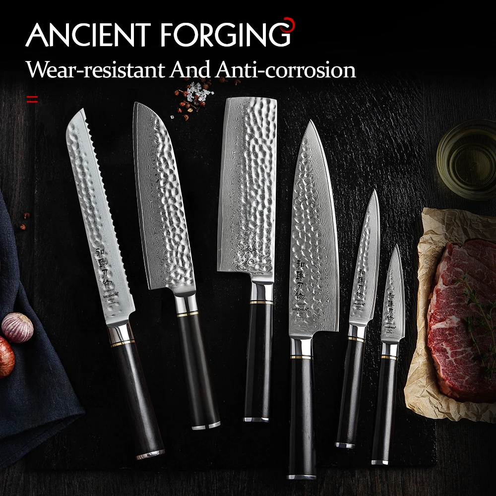 HEZHEN 6 PCS Japanese Kitchen Knives Damascus Steel Chef +Bread+Santoku+Cleaver+Utility+Paring Knives Ebony Wood Handle