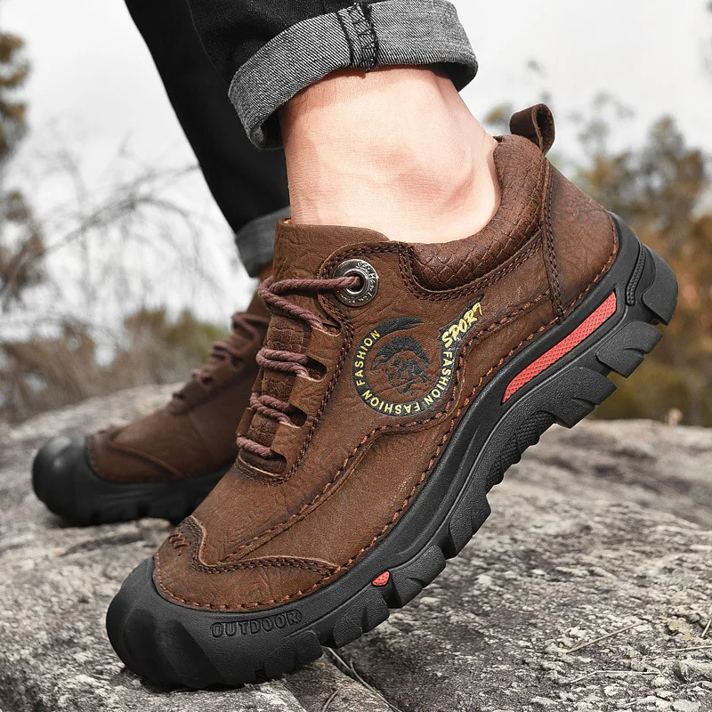 Zapatos de senderismo para acampar al aire libre para hombre, zapatillas deportivas de cuero genuino, zapatos casuales de viaje para hombre, calzado de ocio para caminar y escalar