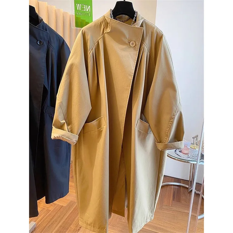 High End Stand Up Collar Leisure Women Trench Coat 2025 Spring Autumn Loose Mid-Length Ginger Yellow Black Windbreaker Outerwear