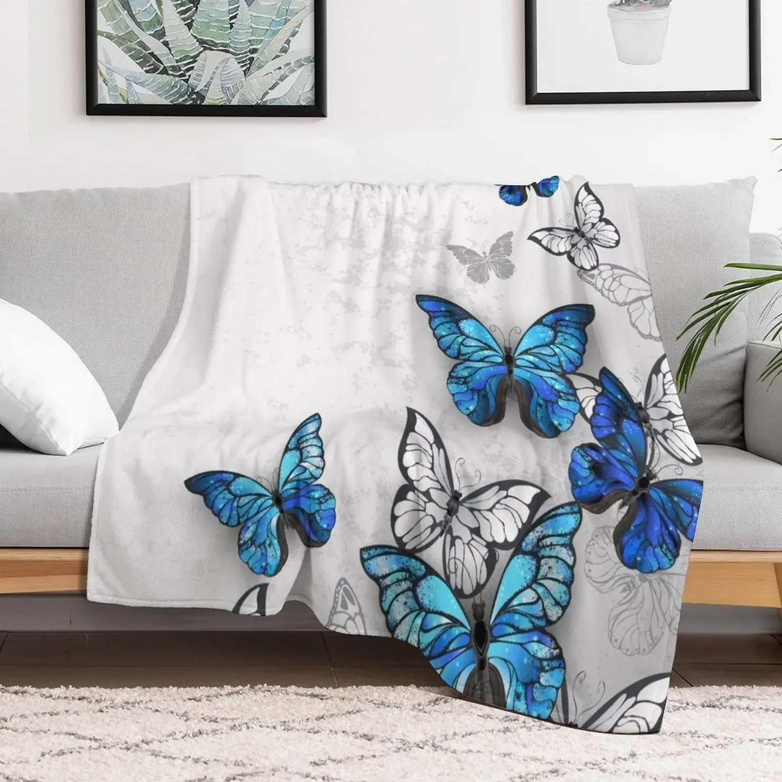 

Blue and White Butterflies Throw Blanket anime Sleeping Bag Blankets Extra Large Throw Soft Big Blankets