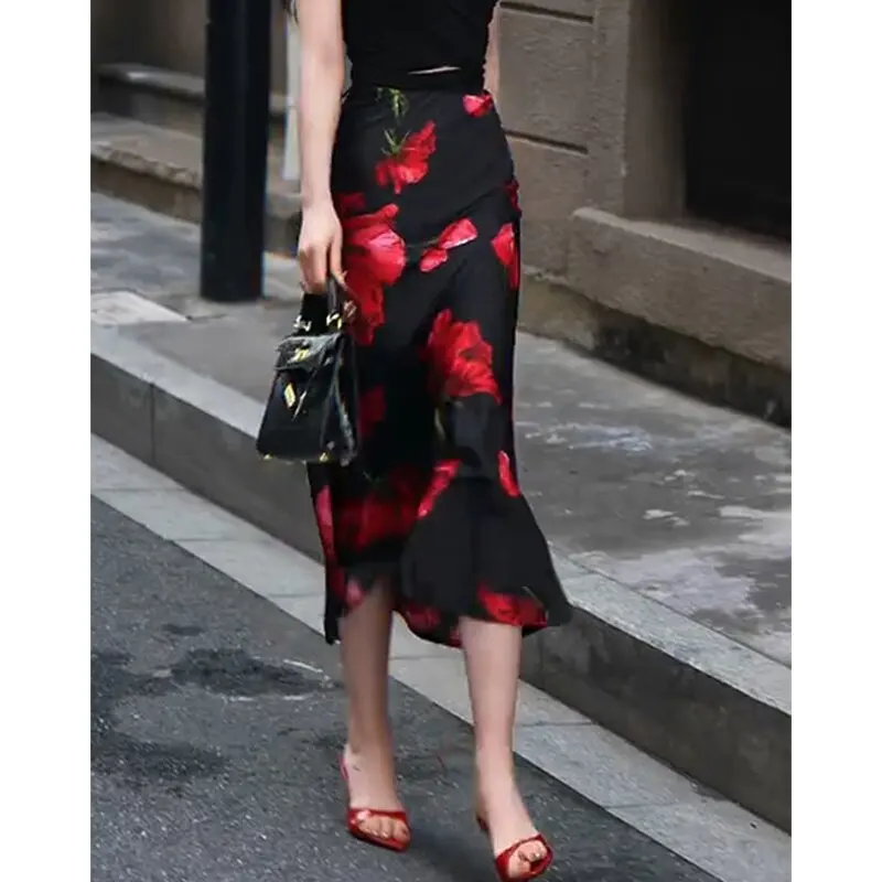 

Ele Bla Floral Print Asymmetrical Skirt Women's Faion Spring Summer Thin A-Line Bodycon Skirt High-End Feeling