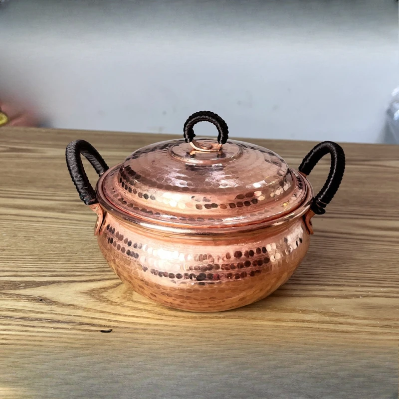 Handmade Mini Double-Handle Copper Soup Pot with Purple Double Coating Induction Cooker Compatible Thickened Smokeless Stew Pot