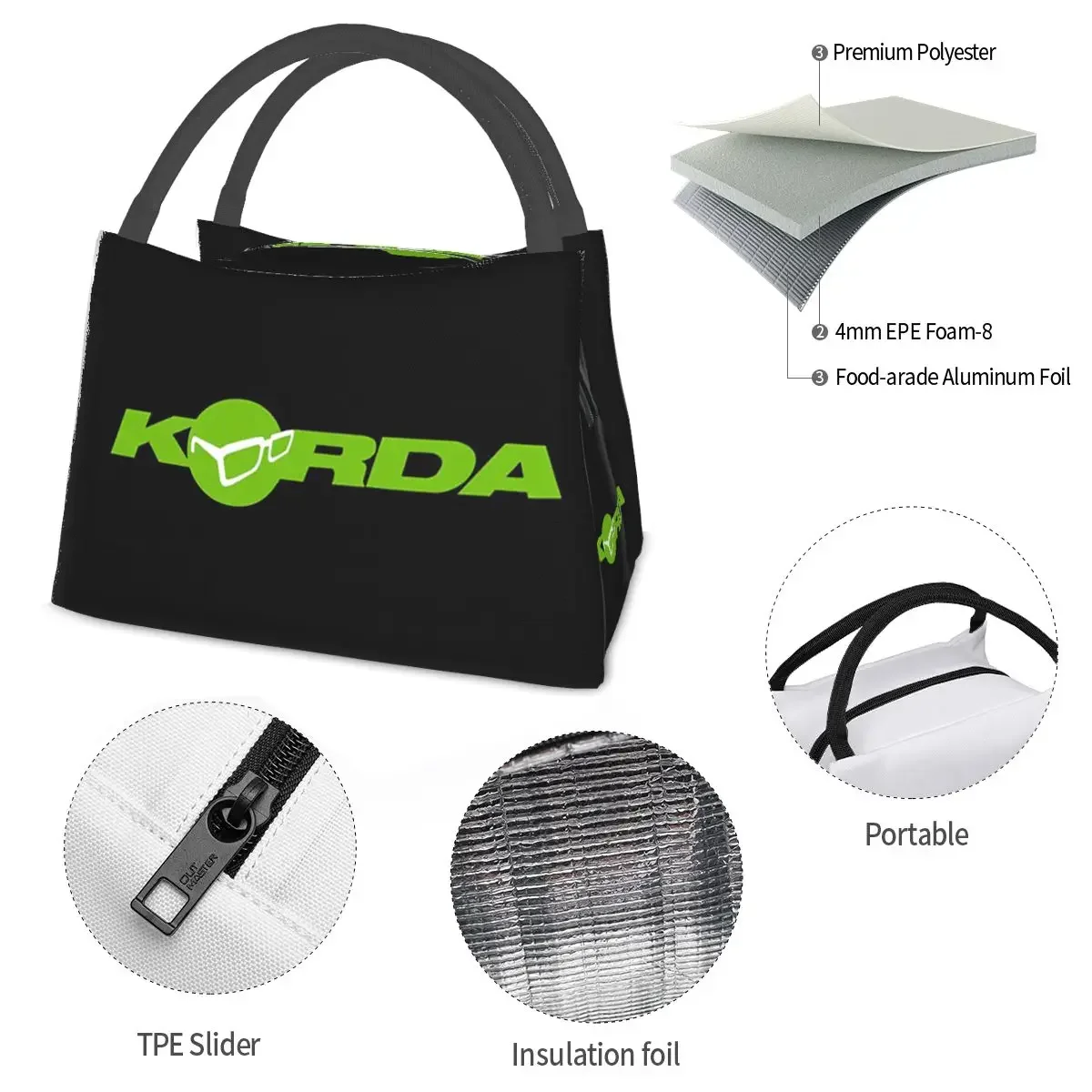 Korda Fishing Logo Lunch Bags Insulated Bento Box Resuable Lunch Tote Picnic Bags Cooler Thermal Bag for Woman Kids Travel