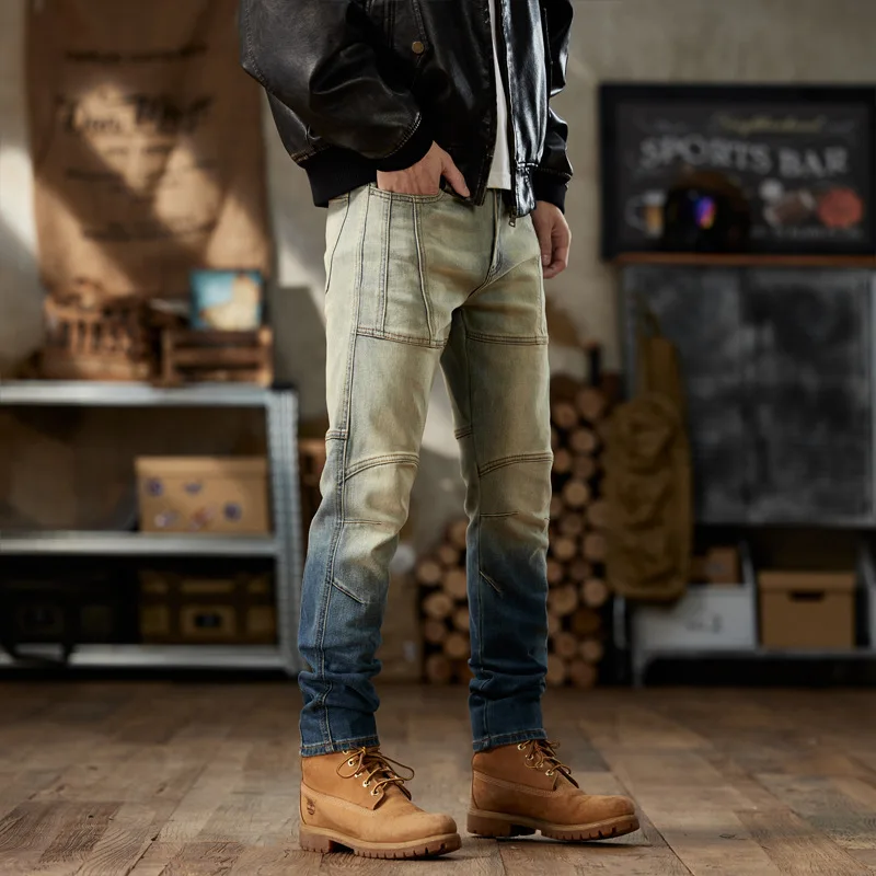 خمر الجينز العصرية للدراجات النارية الرجال، العصرية المرقعة كتلة اللون الراقية السراويل نحيل الموضة