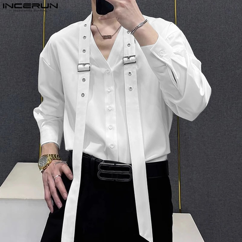 INCERUN Tops 2024 Korean Style Handsome Men\'s Ribbon Design Shirts Casual Streetwear Male Solid Loose Long Sleeved Blouse S-5XL