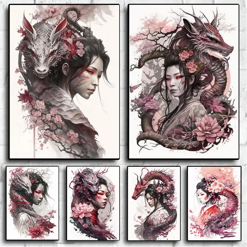 

Japanese Geisha With Dragon Wall Art Poster Prints Home Decor Floral Sakura Canvas Painting For Living Room Bedroom Decor Gift