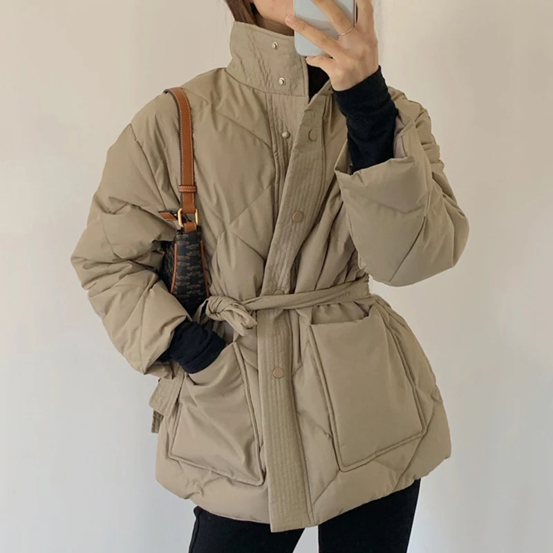 Clothland Women Elegant Padded Jacket Long Sleeve Single Breasted Belt Coat Thick Winter Tops Mujer CA813