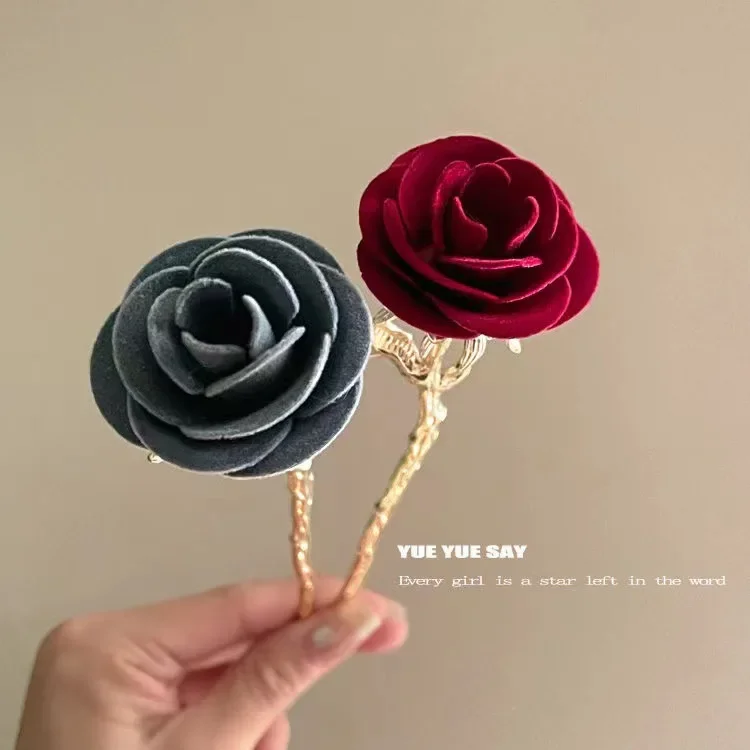 2023 New Chinese Flocked Rose Hairpin Ancient Exquisite Tassel Hairpin High Level Retro Hair Stick Bride\'s Pan Hair Headwear