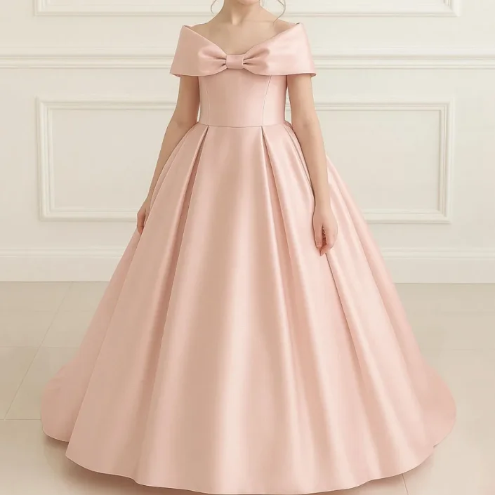 Flower Girl Dress Pink Satin Solid With Bow Trailing Sleeveless For Wedding Birthday Party Prom Evening Banquet Gown