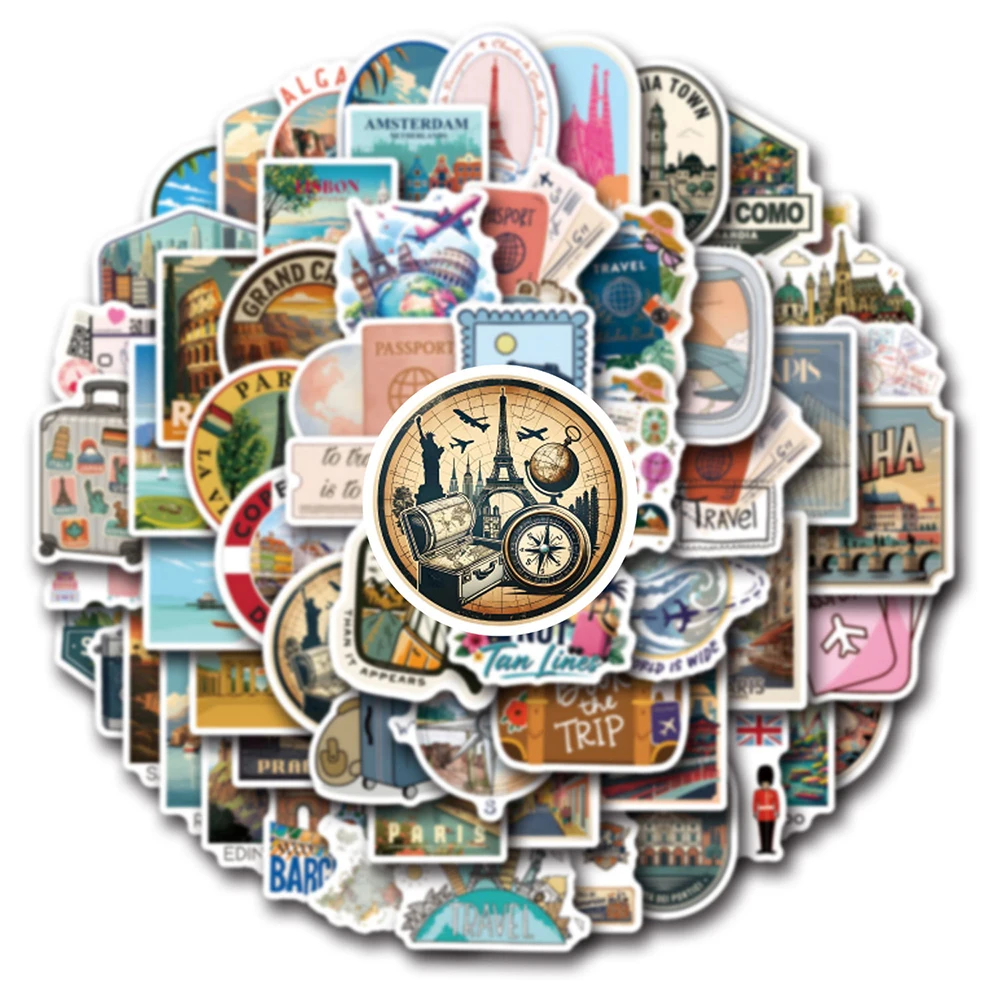 10/30/60/120pcs World Famous Building Landscape Stickers Travel City Landmark Cartoon Decals Scrapbook Laptop Phone Sticker Pack