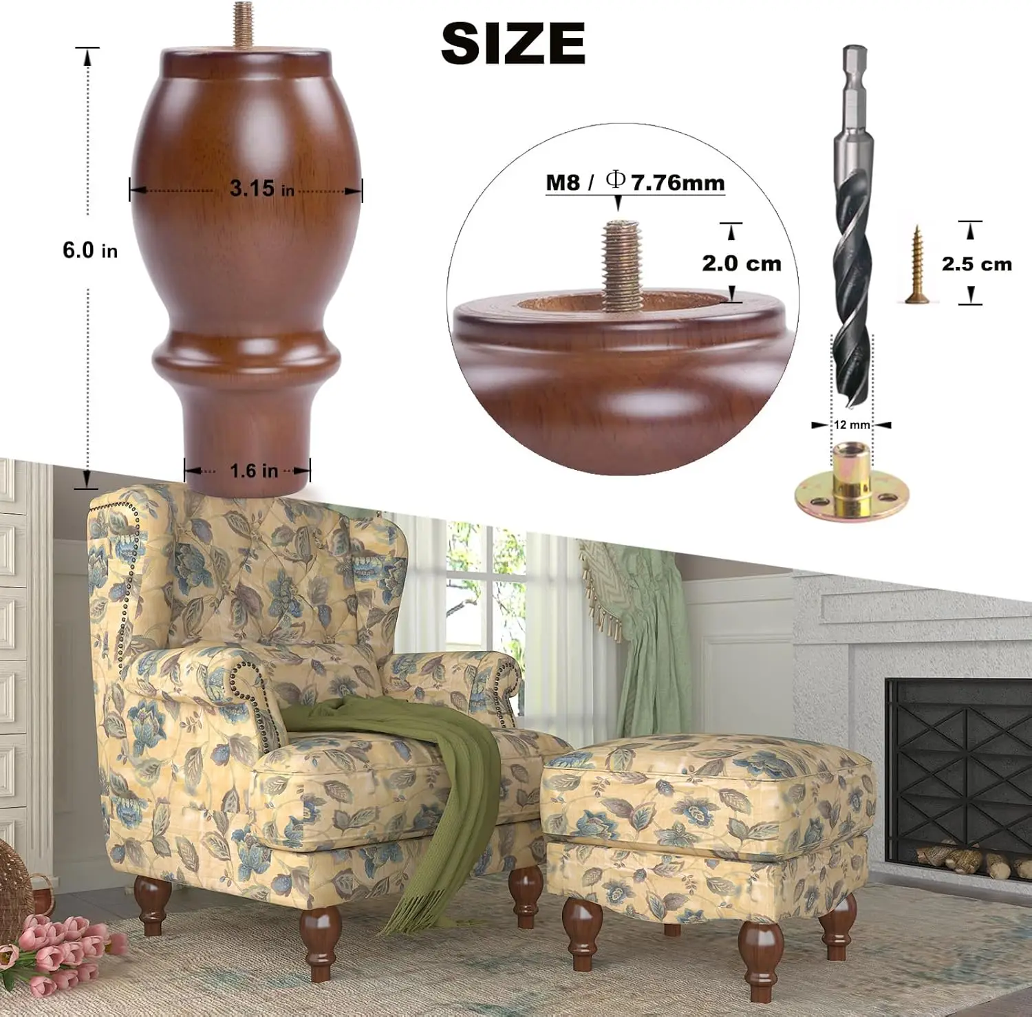 مجموعة أرجل أثاث خشبية مقاس 6 بوصات مكونة من 4 أرجل بديلة من الخشب المطاطي الصلب للأريكة والأريكة والطاولة والسرير والمقعد - خشبي لذلك #4