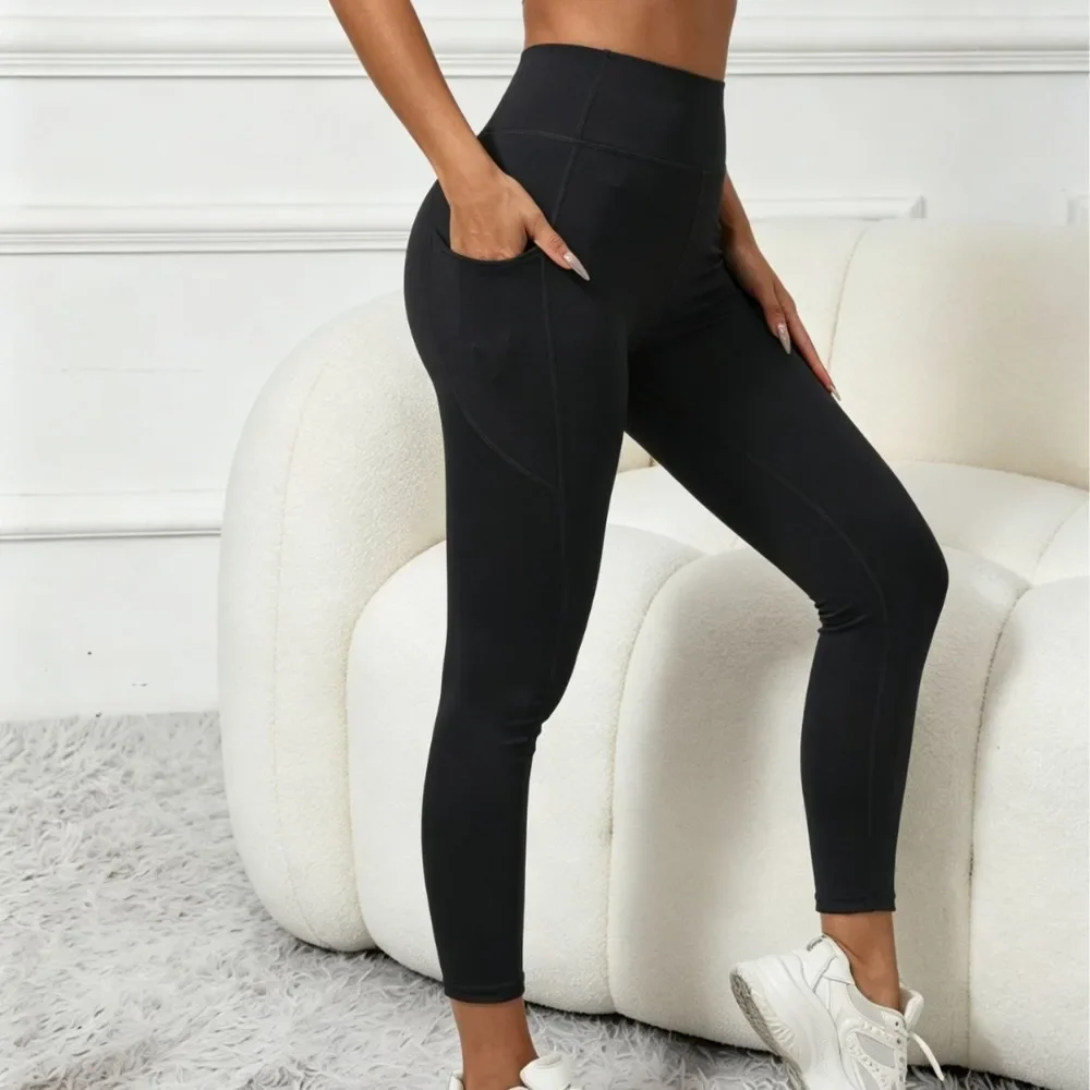 Women High Waist Butt Lifting Pocket Leggings Elastic Skin-Friendly Tight Base Pants Fitness Gym Running Casual Daily Streetwear