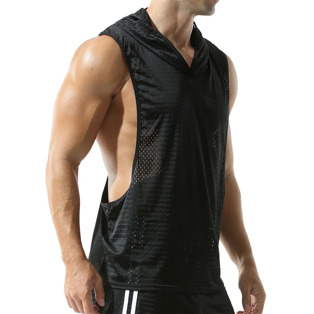 

Мужские футболки без рукавов, спортивные топы на бретелях для фитнеса и тренировок, повседневный модный сетчатый жилет с капюшоном, дышащие свободные однотонные майки