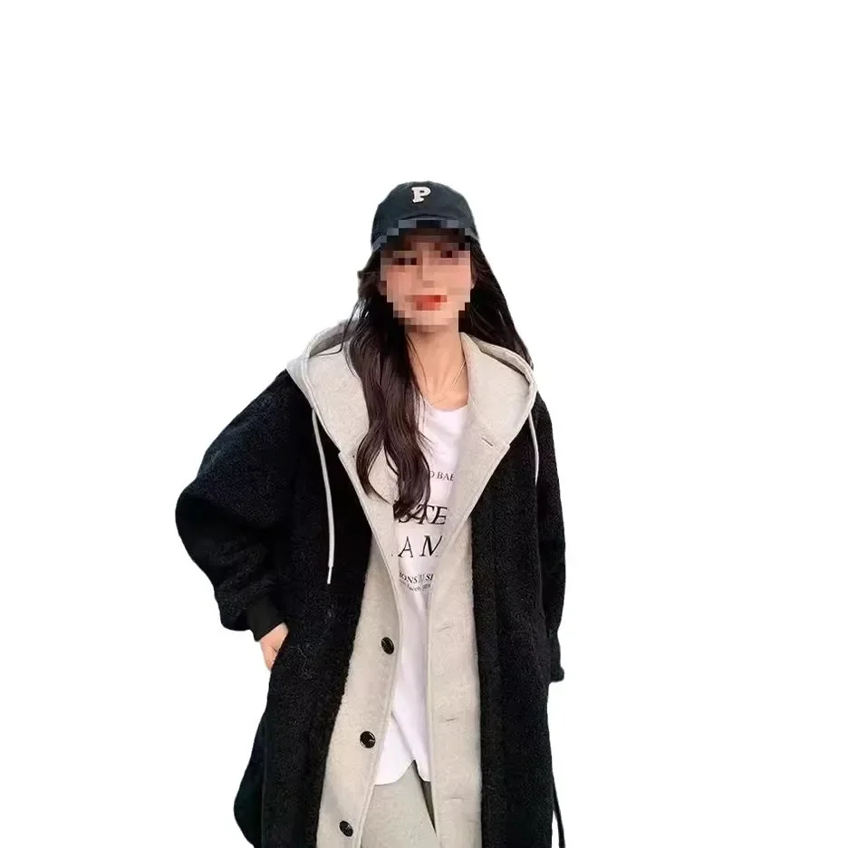 سترة أنيقة طويلة من فراء الضأن بثلاثة ألوان، ملابس خارجية عصرية فضفاضة لخريف وشتاء، سترة نسائية بقلنسوة