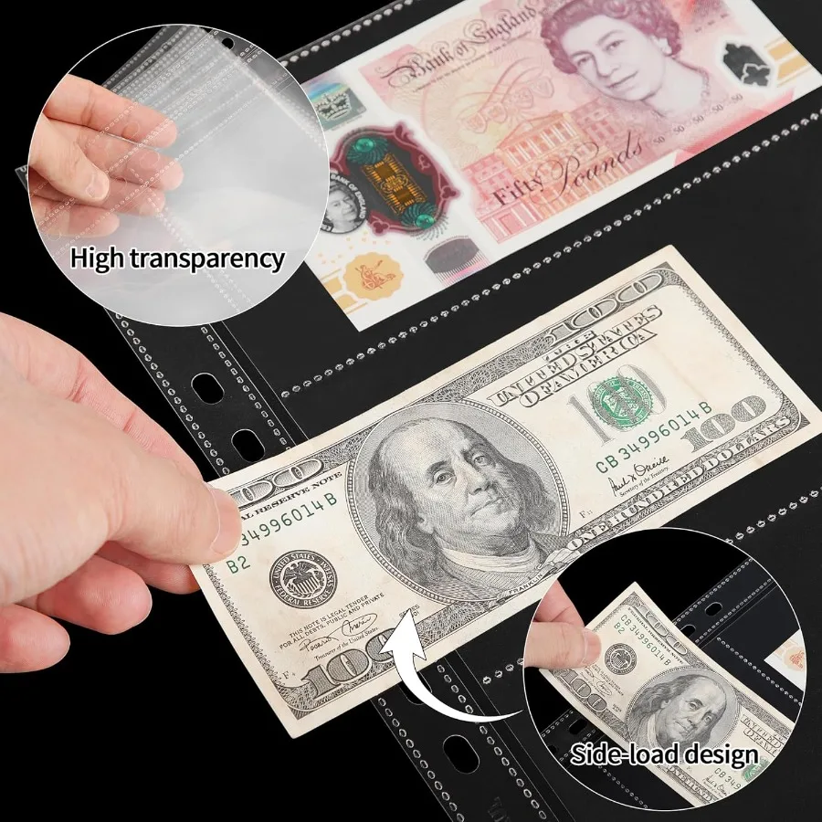 紙幣コレクション用のカレーページ20枚、3ポケットのカレースリーブ、紙幣コレクション用のカレーホルダーアルバムページ