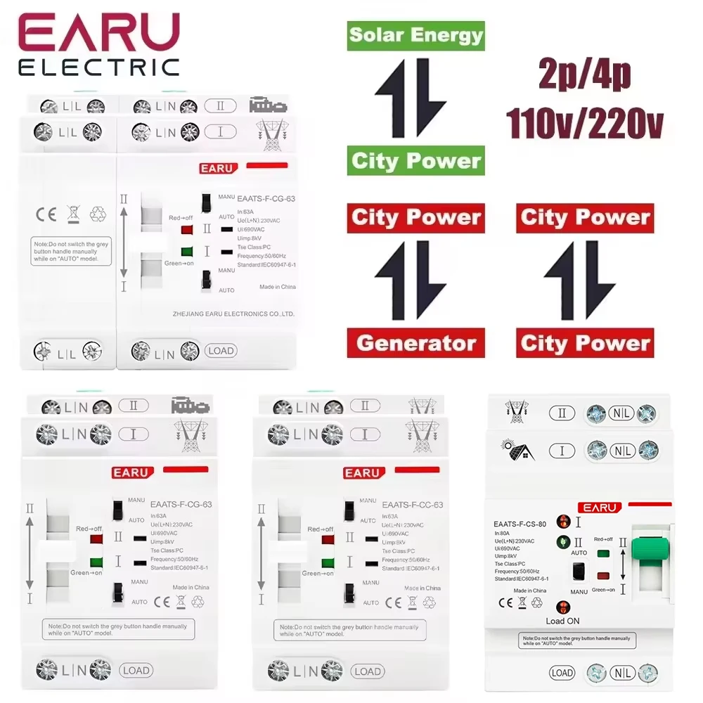 

Din Rail 2P 4P 63A AC 220V AC 110V ATS PV Dual Power Automatic Transfer Switch Electrical Selector Switches Uninterrupted Power