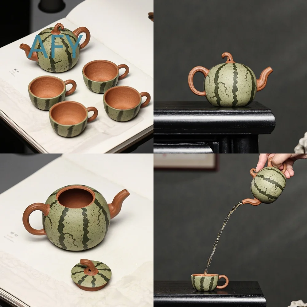 Handmade Yixing Zisha Teapot Set for Chinese Gongfu Tea Ceremony Thin-Wall Watermelon Shape Ceramic Pot with Gift Box Home