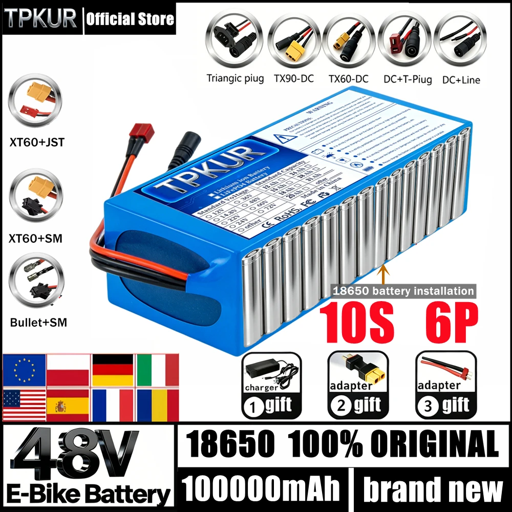 TPKUR 13S6P 48V 100Ah 18650 리튬 배터리 팩 1000W 고출력 54.6V 내장형 30A BMS(야외 전동 공구 백업 배터리용)