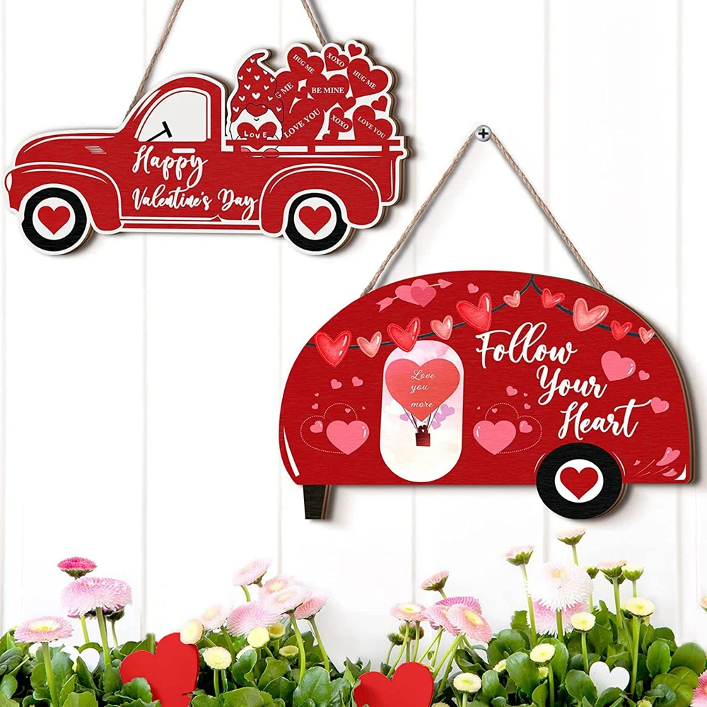 Valentine's Day Wood Heart Truck Hanging Signs Happy Valentine's Day Hanging Boards Living Room Bedroom Front Door Decoration