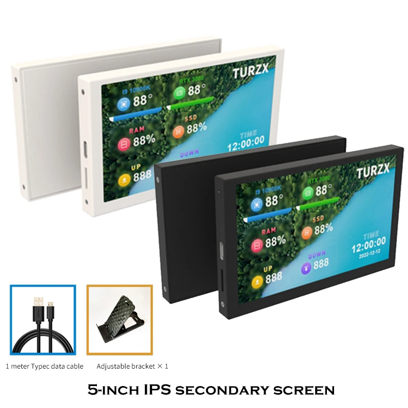 Turning-Smart 5-inch IPS Type-C Screen,  Computer Monitor USB Auxiliary Screen(No AIDA64 Required ,Black/White