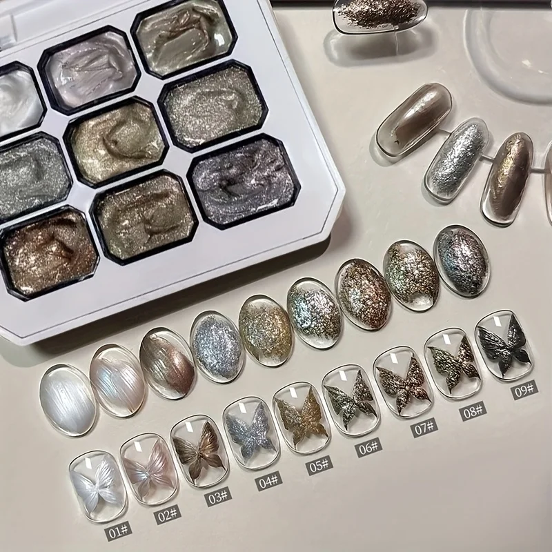 Maillard 9-Size Solid Nail Polish Gel/Gel Powder Set – Nail Gel, Metallic Glitter Gel Nail Polish, Super Glossy, Reflective, Spa