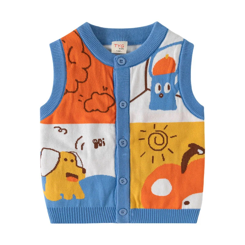 

Sleeveless Sweaters 3-7T Autumn Spring Boys Girls Sweaters Village Open Stitch Kids Clothing Buttons Baby Costume